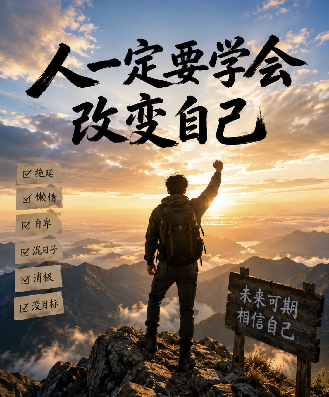 人一定要学会改变自己 很多时候， 限制我们的， 不是环境。 而是自己的习惯。 拖延、 懒惰、 害怕失败、 害怕改变、 害怕开始。 这些看不见的东西， 正在一点一点偷走我们的未来。