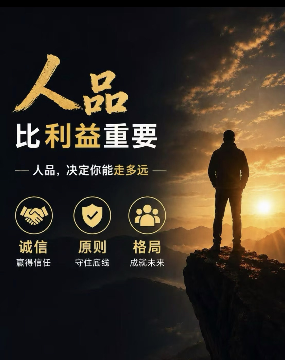 人品，永远大于利益  这世上从来不缺聪明的人， 缺的是踏实真诚、有底线、有原则的人。  聪明可以赢一时， 人品却能赢一世。